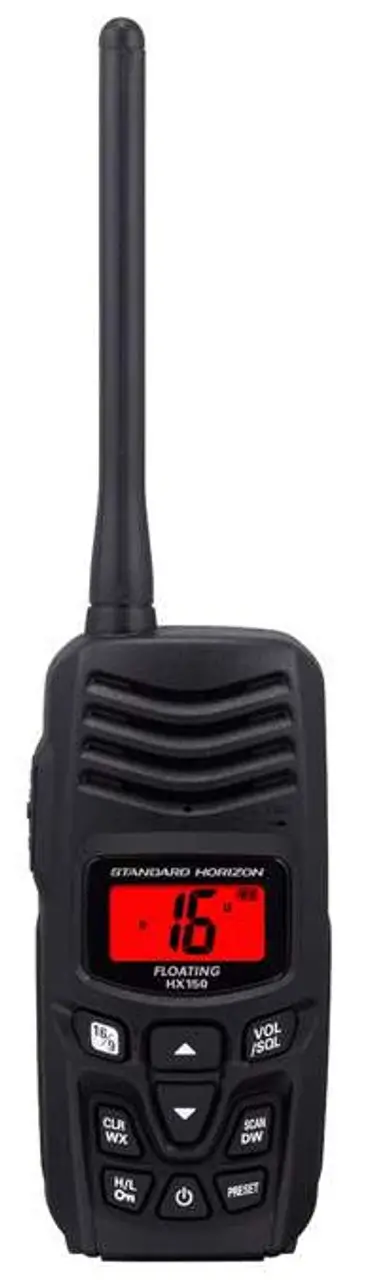 Handy talky VHF marine Standard Horizon dengan frekuensi VHF 156.025 – 157.425 MHz, power output 5 watt, waterproof, IPX7..